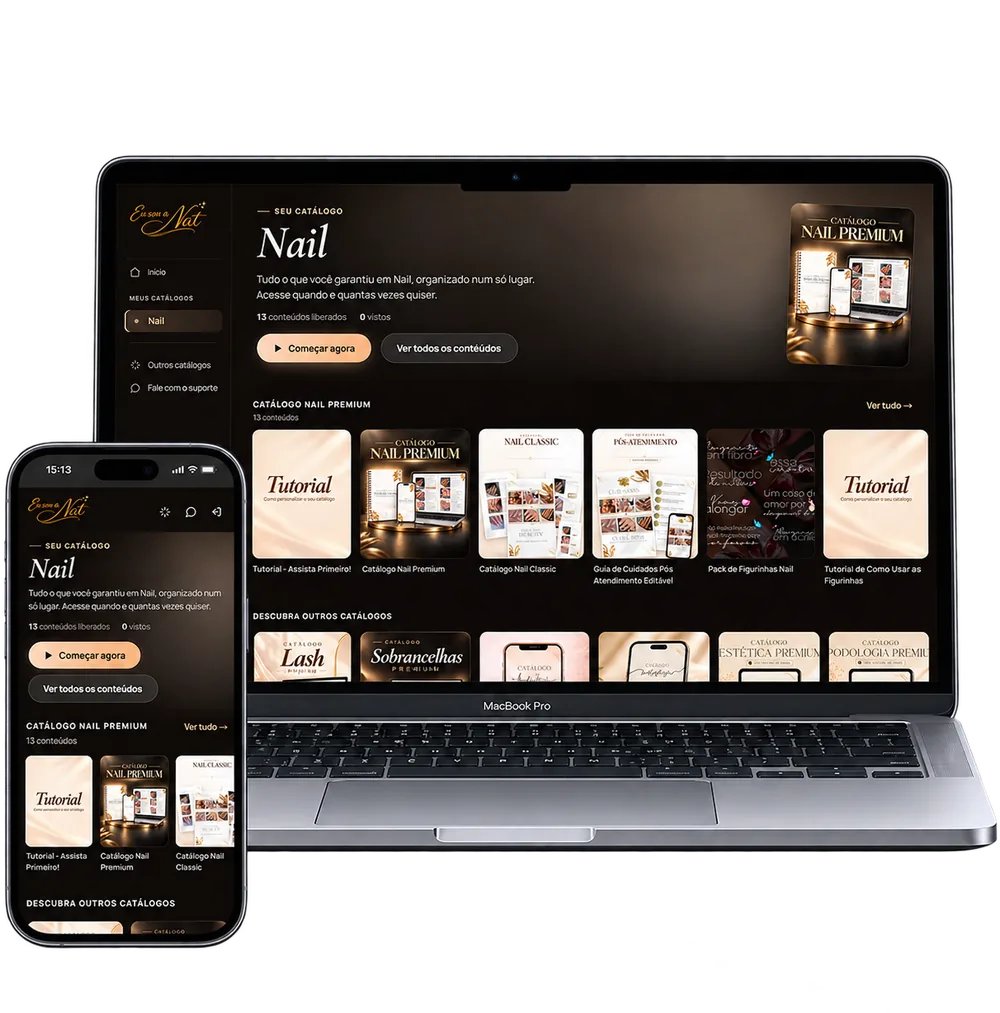 Área de membros VulyPro com o Catálogo Nail Premium no notebook e no celular